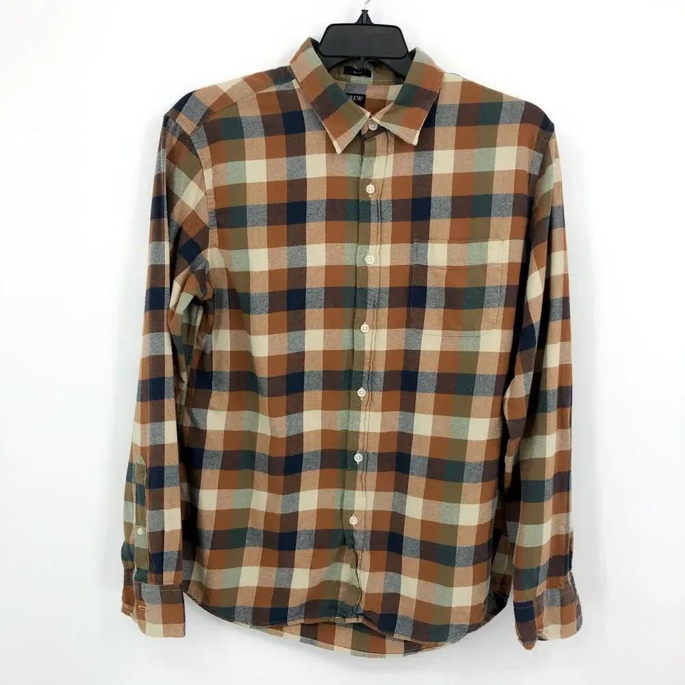 J.CREW Mens Slim Fit Flannel Shirt Large Brown Natural BU177 NWOT